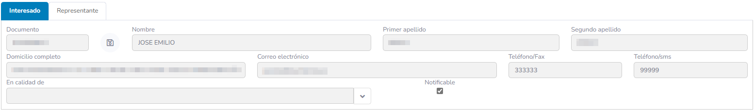 5. Pestañas de interesados y representantes